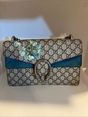 Gucci Blue Floral GG Supreme Shoulder Bag with Web Detail